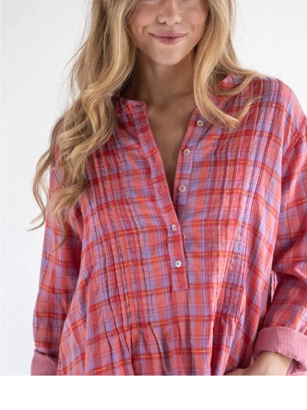 Natural Life Plaid Button-Front Women's Tunic Top - Pink & Red L